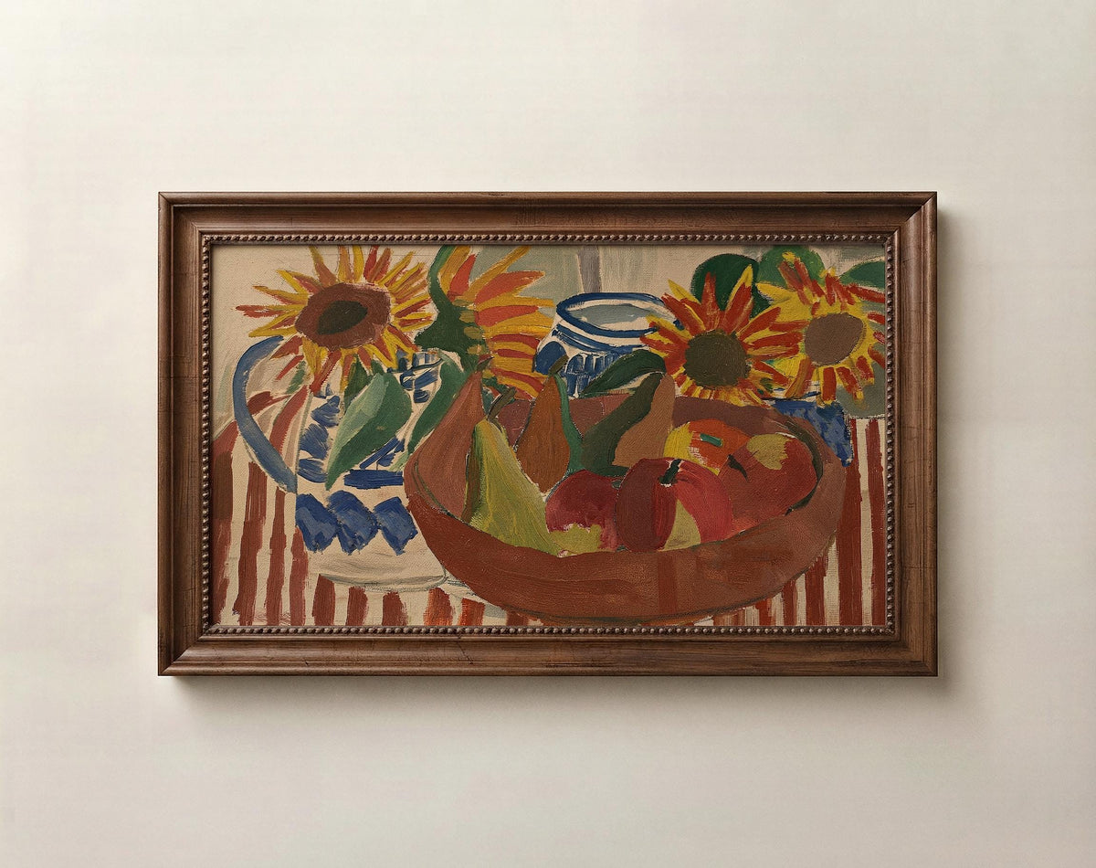 Pears Sunflowers Still Life tv Artwork, bohemian Fall frame tv art digital download