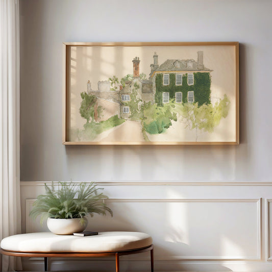 Samsung Frame TV displaying botanical art above a fireplace in an elegant living room